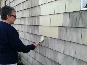 Megan showing the color of the house before and during the painting process